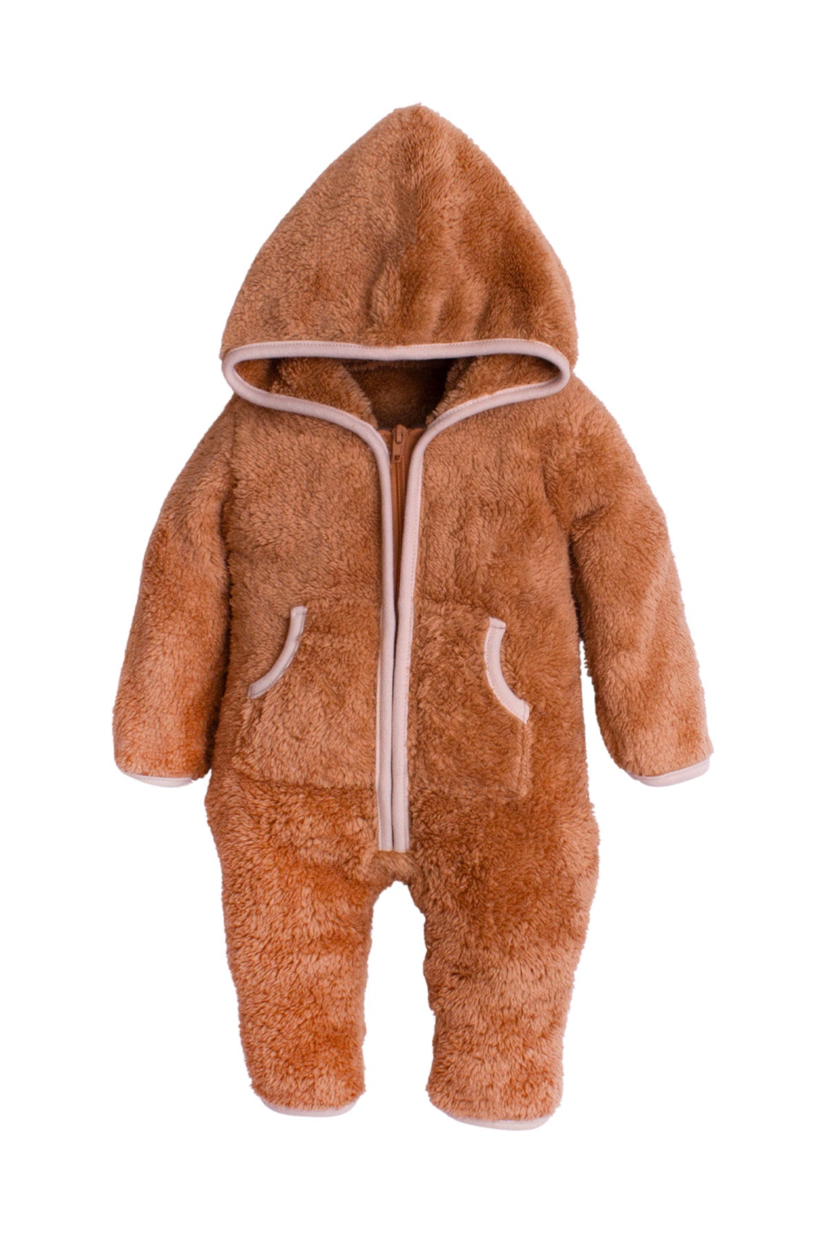 Kız Bebek Kapüşonlu Kontrast Biye Detaylı Peluş Tulum 0-12 Ay